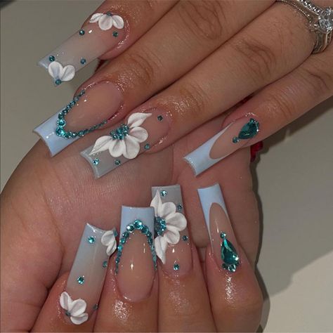 PRICES MAY VARY. [Package Content] You will get 24 pieces of IMRAIN long square press on nails, a small clear box with glue, and you can trim it to any length you want~ [Quality Material] These blue flower rhinestone press on nails are made of quality acrylic material, non-toxic and gentle to your nails and skin, durable and not easy to be scratched, will give you a nice manicure experience. [Easy to Use] After trimming and cleaning your nails, choose a false nail that is suitable for your own n Long Square Nails, 3d Flower Nails, Press On Nails Long, Girly Acrylic Nails, Long Press On Nails, Aesthetic Nails, Blue Nail Designs, Long Square Acrylic Nails, Nails Long