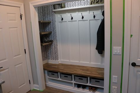 How I Turned This Closet into a Mudroom! Entry Closet With Bench, Diy Closet To Mudroom Convert, Hall Closet To Mudroom Diy, Make A Mudroom Entryway, Hall Closet Mudroom Entrance, Front Coat Closet Makeover, Mudroom Kitchen Combo, Transform Closet Into Mudroom, Front Closet Turned Mudroom