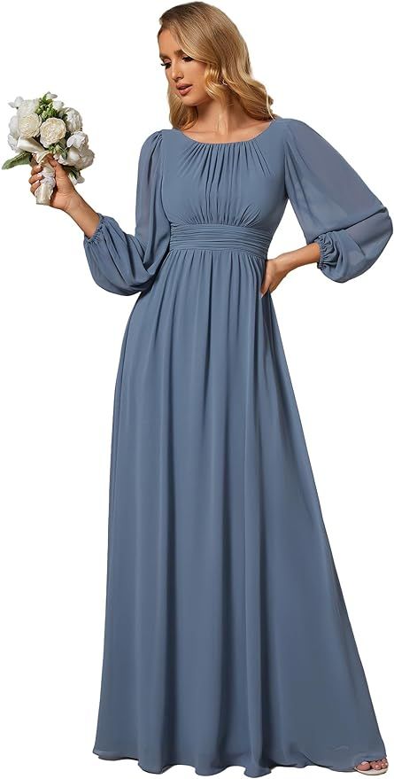 Amazon.com: Ever-Pretty Women's Crewneck Ruched A-Line Long Sleeve Chiffon Formal Dresses Burgundy US8 : Clothing, Shoes & Jewelry Elegant Maxi Dress With Sleeves, Formal Dresses Navy Blue, Formal Dresses Navy, Maxi Formal Dress, Dresses Navy Blue, Elegant Maxi Dress, Dress With Sleeves, Ever Pretty, Chiffon Maxi