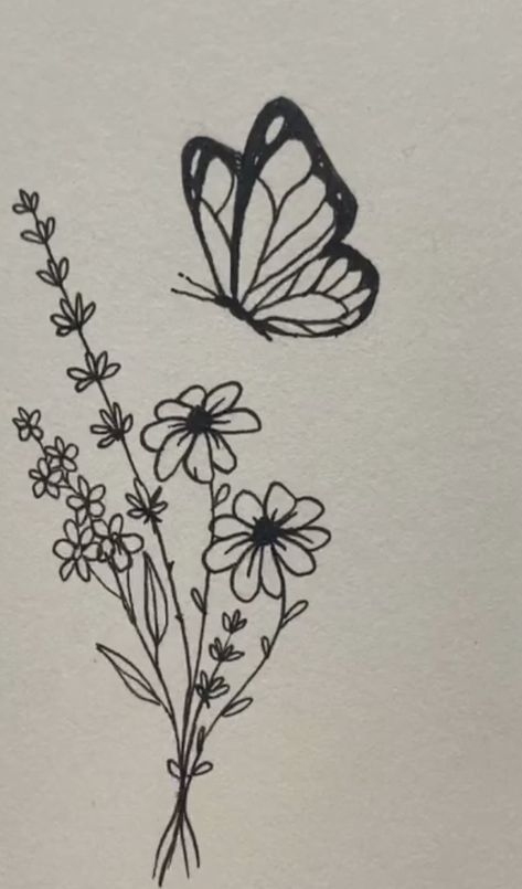 Sketsa Flora Simple, Pretty Flower Drawing, Small Flower Drawings, Flora And Fauna Drawing, Easy Butterfly Drawing, Elegant Tattoo, Simple Paint, Pencil Sketches Easy, Aesthetic Drawings