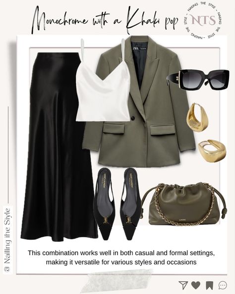 ✨Khaki green, a muted and earthy shade, pairs well with black and white because these colors create a balanced and timeless palette. Black adds depth and a touch of sophistication (and ideal for late summer) while white brings brightness and a sense of freshness. ✨This combination works well in both casual and chic looks. Which look is your favourite: chic or casual? Let me know in the comments👇💬 and share this styling tip with friends 🗣️ ✨Available items and some alternatives will be li... Fashion Tips, Green A, Late Summer, Khaki Green, Let Me, Bring It On, Let It Be, Black And White, With Friends