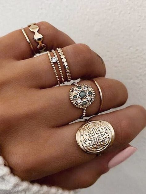 7 Piece Rhinestone Round Finger Rings Set #Ad , #SPONSORED, #Rhinestone, #Piece, #Finger, #Set, #Rings Fashion Ring Set, Ring Sets Boho, Hand Accessories, Look Boho, Women's Jewelry Sets, Bohemian Rings, Gold Ring Sets, Finger Rings, Rings Set