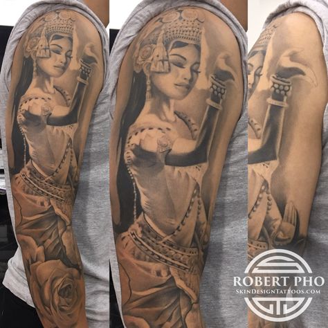 Cambodian apsara tattoo. Khmer tattoo Khmer Sleeve Tattoo, Thai Dancer Tattoo, Apsara Tattoo Khmer, Cambodian Tattoo For Women, Cambodian Tattoo Khmer, Khmer Tattoo Cambodia, Apsara Tattoo, Tattoo Khmer, Cambodian Apsara