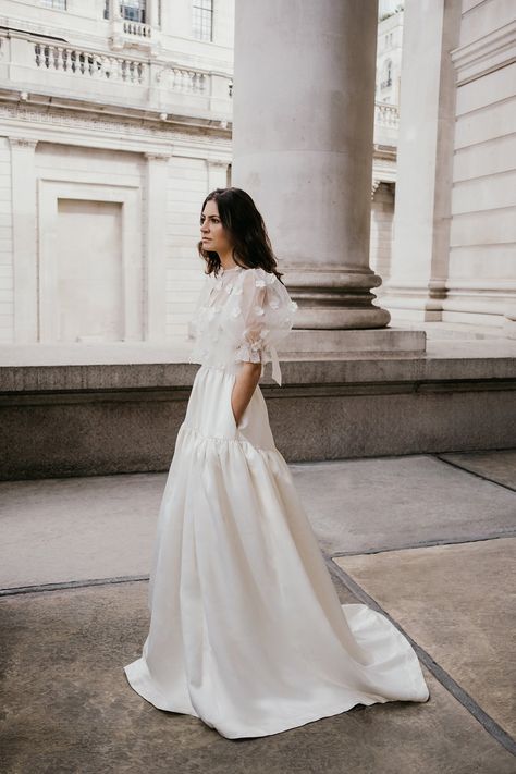 Square neck wedding dress with tiered skirt and puff sleeve organza top Liverpool Design, Contemporary Wedding Dresses, Square Neck Wedding Dress, Dress With Organza, Puff Sleeve Wedding Dress, Sleeved Wedding Dress, Organza Bridal, Contemporary Wedding Dress, Embellished Wedding Dress