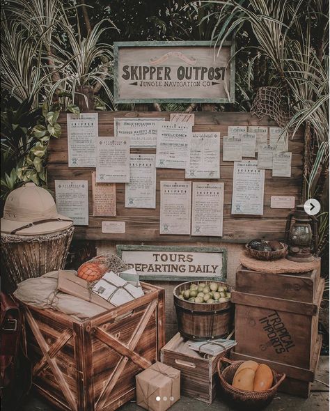 Saw this on an Instagram and thought it was a kool idea. (Not my photo) Vintage Safari Photos, Explorer Party Theme, Jungle Cruise Decorations, Vintage Safari Aesthetic, Jungle Cruise Vbs, Jungle Cruise Disneyland, Safari Aesthetic, Vbs Jungle, Cruise Theme