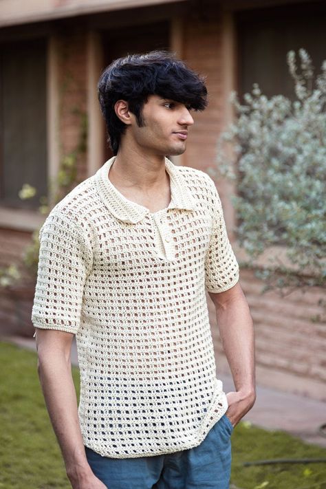 Style and Sustainability: Discover the Men’s Crochet T-shirts by Sass Obsessed Knit Wear Men, Off White Tshirt, Cotton Crochet Patterns, Crochet Men, Tshirt For Men, Crochet T Shirts, Organic Cotton Yarn, Crochet Cotton, Smart Casual Outfit