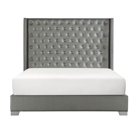 Options: King Bed Queen Bed Dimensions: King: 70.75 inches high x 75 inches wide x 83.5 inches long Queen: 70.75 inches high x 72.38 inches wide x 75 inches long Queen Bed Dimensions, Leather Upholstered Bed, Grey Bed Frame, Silver King, Queen Sized Bedroom, Tall Headboard, King Upholstered Bed, Queen Upholstered Bed, Tufted Bed