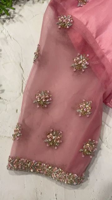 Silk Blouse With Net Sleeves, Net Sleeves Blouse Designs For Silk Saree, Maggam Work Blouse Designs Net Hands, Aari Work In Net Blouse, Pink Net Blouse Designs, Lavender Blouse Maggam Work, New Fancy Blouse Design, Netted Aari Work Blouse Design, Simple Net Aari Work Blouse Designs