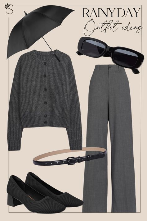 Rainy Day Outfit Ideas - All Grey Outfit Rain Office Outfit Rainy Days, Rain Party Outfit, What To Wear On A Cloudy Day, Aesthetic Outfits Rainy Day, Rainy Day Classy Outfit, Rain Office Outfit, Rainy Day Formal Outfit, Cold Travel Outfit, Rainy Day Spring Outfit Casual