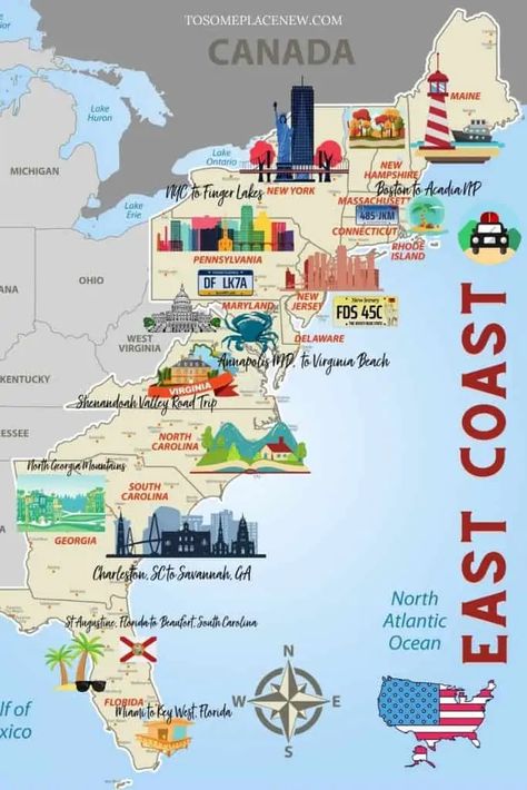 15 East Coast USA Road Trip Itinerary Ideas - tosomeplacenew Road Trip Routes United States, New England States Road Trip, East Coast Summer Vacation, East Coast Vacations, Road Trip East Coast, Northeast Road Trip, East Coast Travel Destinations, New York Road Trip, Rv Travel Destinations