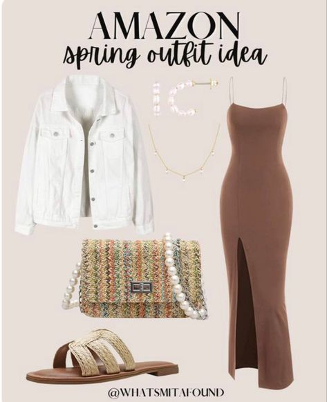 Spring outfit ideas Bodycon Dress With Jacket, Brown Dresses Outfit, Dress Spring Outfits, Long Brown Dress, Brown Bodycon Dress, Light Jean Jacket, Spring Outfit Idea, Dress With Jean Jacket, White Jean Jacket