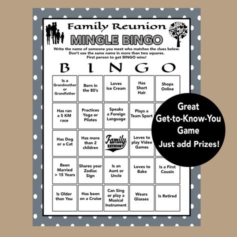 "The Family Reunion Mix and Mingle Bingo Game will add lots of fun to your event! Easy to copy and fun to play.  INSTANT DOWNLOAD  Print at any photo or copy store such as Costco, Walgreens, Walmart, Staples or Target. You will be able to instantly download two games per 8 12 x 11 page and one game per 8 1/2 x 11 page.  NO PHYSICAL PRODUCT WILL BE SHIPPED  Please feel free to contact me if you have any questions or concerns. NOTE: All games, invitations and gift items are copyrights \"Plan, Prin Reunion Games Family, Family Reunion Centerpieces, Family Reunion Bingo, Family Reunion Picnic, Family Reunion Decorations, Family Reunion Themes, Find The Guest Game, 50th Birthday Cupcakes, Family Reunion Activities