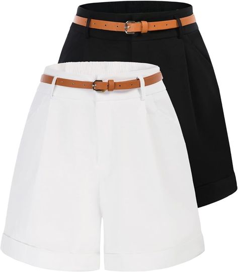 Women High Waisted Wide Leg Shorts Bermuda Shorts Paperbag Shorts (Black+White, L) | Amazon.com High Waisted Shorts, Bermuda Shorts, Wide Leg Shorts, Shorts For Women, Pocket Belt, Phone Wallet, Shorts With Pockets, Black Belt, Belts