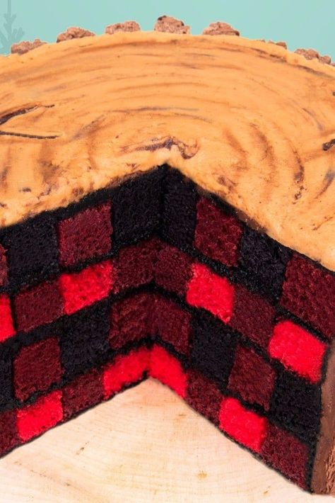 This Stunning Lumberjack Cake Is Better Than a Cozy Plaid Shirt Lumberjack Cake Ideas, Plaid Cake Tutorial, Plaid Cake Ideas, Dartboard Cake, Buffalo Plaid Cake, Plaid Birthday Party, Plaid Cake, Checkered Cake, Bump Cake