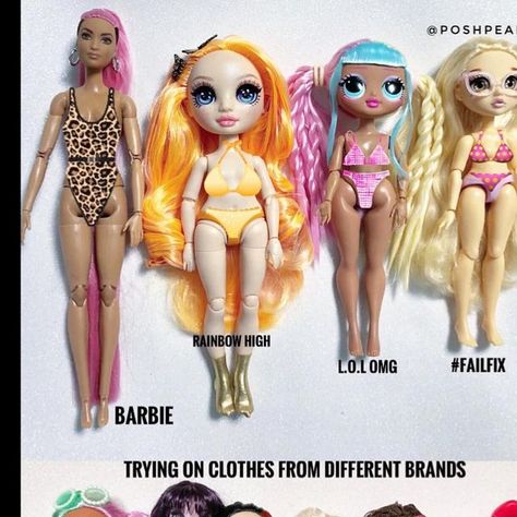 Poshpearl’s Dolls & Toys on Instagram: "✨✨✨Swipe to see! ➡️➡️➡️👗👖👚🩳🩱Trying on Dolls Clothes from the following Brands! 💖Barbie 💖Rainbow High 💖L.O.L OMG 💖hairdorables 💖Monster High 💖failfix 💖Ever After High 💖bratz 💖Sanrio Will this doll brand fit my existing dolls? I’m not sure 🤔 ... that’s the question some of my doll friends have asked me. Well, as doll collectors, having clothes that we can share across brands would be really awesome and useful and that helps to decide if we should expand our collection to add on another doll brand! So I did this clothes fitting and it was really fun trying out the clothes! Hope you find this post useful! ☺️☺️☺️ Additional notes: 〰On the top tier we have dolls with clothes that will fit all the dolls in the bottom tier with smaller bodies Rainbow High Doll Clothes Patterns Free, Failfix Dolls, Rainbow High Clothes, High Bratz, Omg Dolls, Rainbow High Dolls, Ever After High Dolls, Monster High Doll Clothes, Ever After Dolls