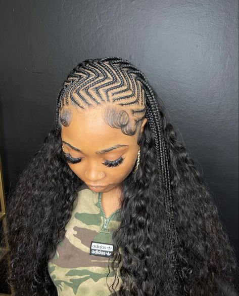 stylist ig: @neensprecision Two Braids Hairstyle Black Women Color, Braids And Bundles Hairstyles, Cornrows With Curls In Back, Box Braids With Shaved Sides, Stitch Feed In Braids, A Quick Weave, Braids With Curly Hair, Shaved Sides And Back, Shaved Side