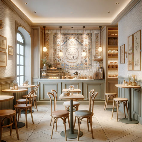 AI rendering of a cozy French-inspired cafe Europe Cafe Design, French Cafe Design Interiors, Parisian Cafe Aesthetic Interior, Parisian Bistro Interior, Royal Cafe Aesthetic, Cafe With Fireplace, Dessert Cafe Design, French Cafe Interior Design Coffee Shop, Upscale Coffee Shop