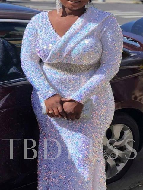 Plus Size V-Neck Ankle-Length Sequins Long Sleeve Plain Women's Dress Patchwork, Evening Dress Plus Size, Sequin Long Dress, Dinner Gown, Solid Color Outfits, Straight Clothes, African Lace Dresses, Embroidered Lace Dress, Dress Sleeve Length