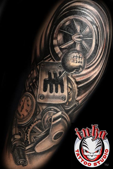 Car Part Sleeve Tattoo, Engine Tattoos For Men, Mens Mechanic Tattoo, Tattoo Ideas For Men Cars, Mechanics Tattoo Ideas, Mechanic Sleeve Tattoo, Car Part Tattoo Design, Automotive Tattoo Sleeve, Auto Mechanic Tattoo For Men