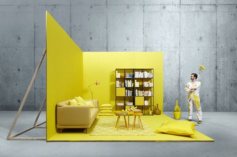 love2 on Behance Conception Scénique, Ruangan Studio, Tv Set Design, Chair Design Wooden, Set Design Theatre, Yellow Room, Design Stand, Danish Furniture, Exhibition Booth