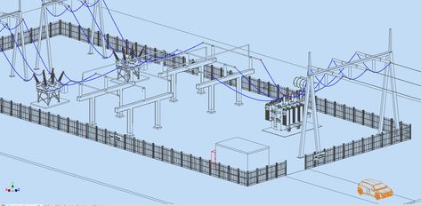 Electric power substation designed in 3D CAD. Substation Design, Electrical Plan Symbols, News Letters, Electrical Substation, Basic Electrical Engineering, 3d Autocad, Transmission Tower, Free Energy Projects, Electrical Circuit