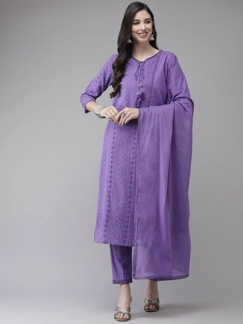 Dupatta Kurti, Kurti Palazzo Set, Purple Suit, Design Kurta, Kurti Palazzo, Purple Suits, Cotton Salwar Kameez, Dresses Classy, Kurtis With Pants