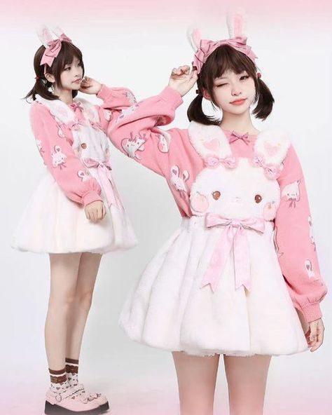 Rabbit Outfit Women, Kwaii Dress, Pink Bunny Dress, Bunny Core Aesthetic Outfits, Bunny Clothes Aesthetic, Bunny Outfit Cute, Kawaii Bunny Outfit, How To Style Pink Skirt, Bunny Outfit Aesthetic