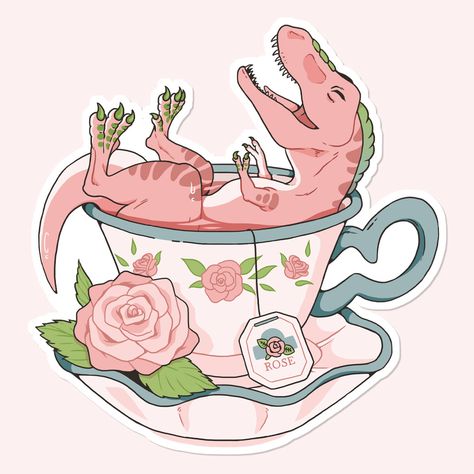 First in my series of teacup dinosaur stickers, the rose tea t-rex! I wish we could have small and cute mini dinos in real life... | dino stickers | cute dinosaur art Teacup Dinosaur Tattoo, Dinosaur In A Teacup Tattoo, Dinosaur Unicorn Tattoo, Tea Rex Drawing, Cool Dinosaur Art, Dinosaur Cute Art, Teacup Art Drawing, T Rex Drawing Cute, Tea Rex Tattoo