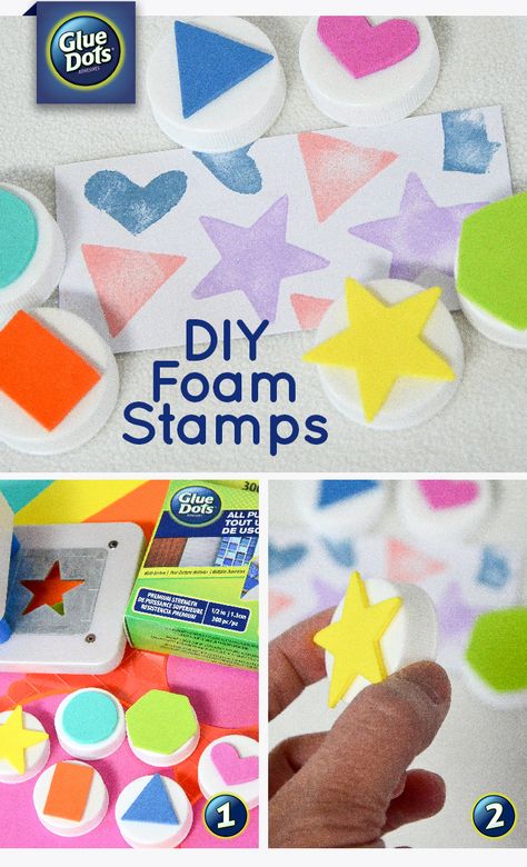 Looking for a fun summer project for you and your kids?   Make your own stamps using plastic bottle caps, fun foam and All Purpose #GlueDots! Foam Shapes Crafts Ideas, How To Make Foam, Make Your Own Stamp, Plastic Bottle Caps, Foam Stamps, Summer Craft, Diy Stamp, Color Crafts, Diy Journal