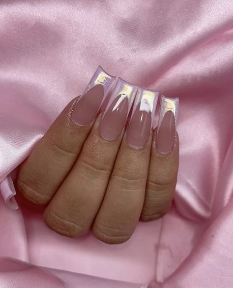 Chrome French Tip Nails Tapered Square, Nail Inspo Chrome French, Light Pink With French Tip Nails, Classy Nails Pearls, Simple Light Pink Nails Acrylic, Square French Tip With Chrome, Square Chrome Nails French Tip, Opalescent French Tip Nails, Long Square Chrome Nails