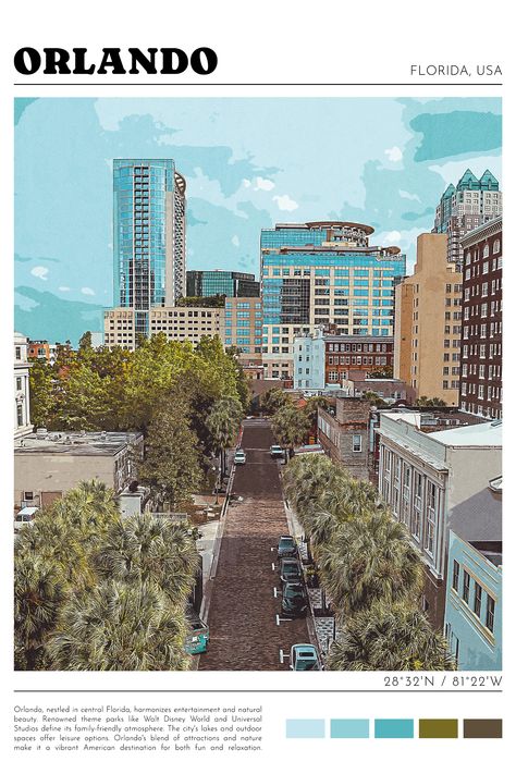 City Posters, Florida Poster, Retro City, Magus Bride, Orlando Travel, Ancient Magus Bride, Orlando City, Cute Canvas Paintings, Cute Canvas