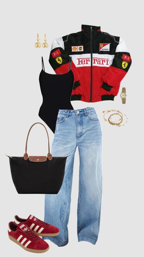 Outfit inspo Ferrari ❤️‍🔥#outfitinspo #ferrarijacket #lowrisejeans Ferrari Jacket Outfit, Ferrari Outfit, Racing Jacket Outfit, Race Outfit, Race Day Outfits, Jacket Outfit Women, Event Outfit, Stockholm Fashion, Casual Chic Outfit