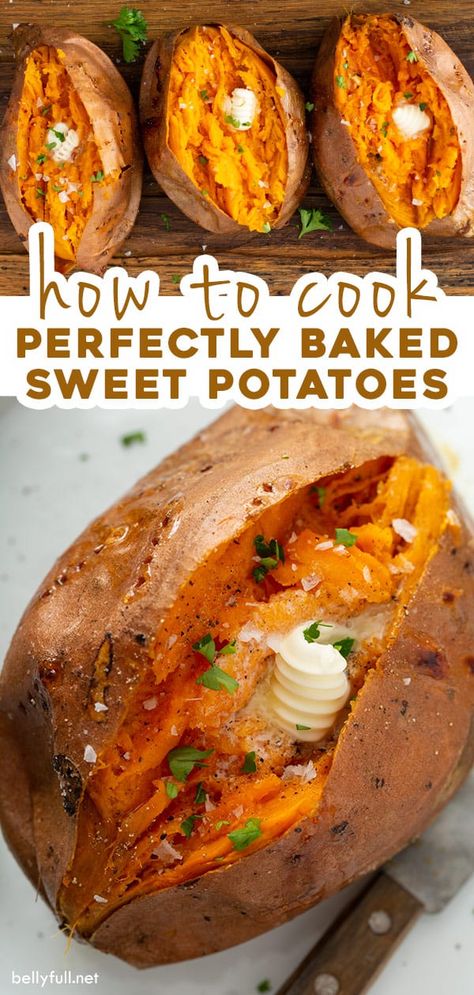 Easily achieve perfectly baked sweet potatoes with a crispy skin and fluffy inside. With just a little bit of butter, salt, and pepper, oven baked sweet potatoes are a fantastic side dish to accompany so many meals. Perfect Baked Sweet Potato, Sweet Potato Recipes Baked, Baked Sweet Potatoes, Sweet Potato Black Beans, Potato Recipes Side Dishes, Cooking Sweet Potatoes, Potato Side Dishes, Baked Sweet Potato, Best Side Dishes