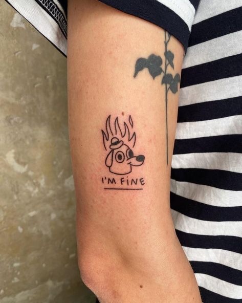 23 Funny Tattoos For Everybody in 2022 - Small Tattoos & Ideas Simple His And Hers Tattoos, Tattoos Funny Small, Cool Funny Tattoos, This Is Fine Dog Tattoo, Funny Cute Tattoo Ideas, Small Minimalist Matching Tattoo, Simple Tattoos Funny, No Regerts Funny Tattoo, Funny Alien Tattoo