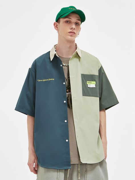 Multicolor Street  Half Sleeve Polyester Slogan Colorblock Shirt  Slight Stretch Summer Men Tops Drop Shoulder Shirt Men, Color Blocking Outfits Men, Half Sleeve Shirts For Men, Half Shirts For Men, Men Japanese Style, Yellow Shirt Men, Oversized Shirt Outfit, Mens Half Sleeve, Colorblock Shirt