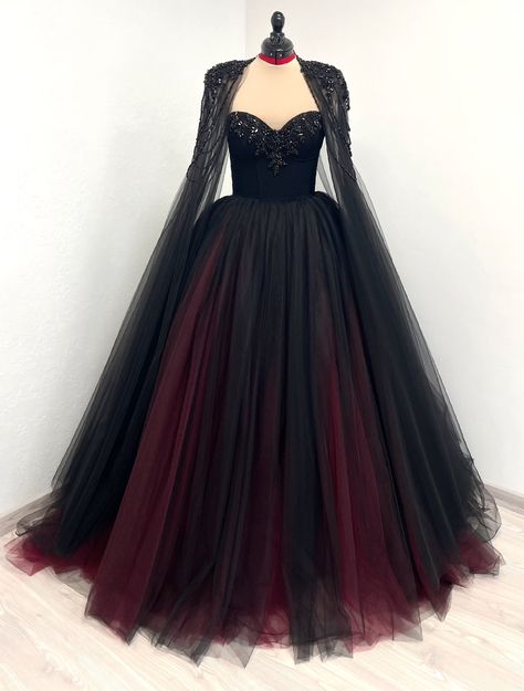 Black Gothic Red and Black Corset Tulle Wedding Dress With - Etsy UK Vampire Themed Wedding Dress, Black Gothic Ball Gown, Black Dress Corset Outfit, Black And Red Dress Prom, Burgundy Wedding Dress Brides, Black Wedding Dress Princess, Gothic Red And Black Wedding, Maroon And Black Wedding Dress, Black Velvet Wedding Dress