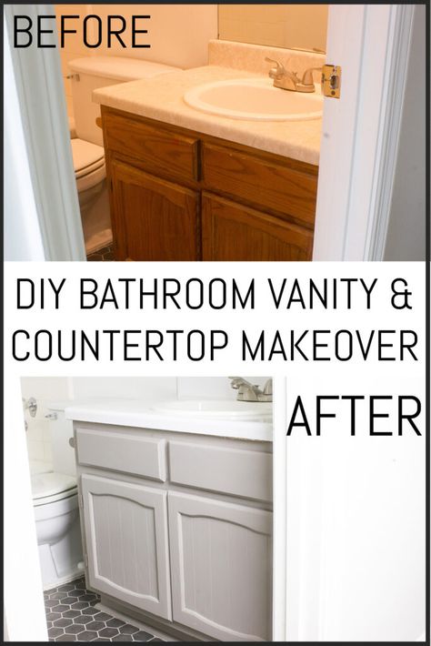 Check out this DIY bathroom vanity and countertop makeover on a budget! Upcycling, Diy Bathroom Vanity Makeover, Painted Vanity Bathroom, Countertop Makeover, Diy Bathroom Renovation, Cheap Bathroom Remodel, Vanity Makeover, Diy Bathroom Makeover, Bathroom Vanity Makeover