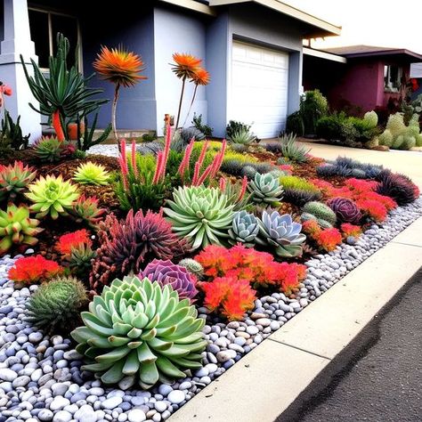 Accent Driveways with Succulents Front Yard Succulent Garden Landscape Idea Image Succulents In Garden Bed, Drought Friendly Front Yard Landscaping, Succulent Beds In Front Of House, Minimalist Succulent Garden, Desert Backyard Landscaping Ideas, Desert Rock Garden Landscaping, Texas Succulent Landscaping, Succulent Outdoor Planters, Large Succulent Garden