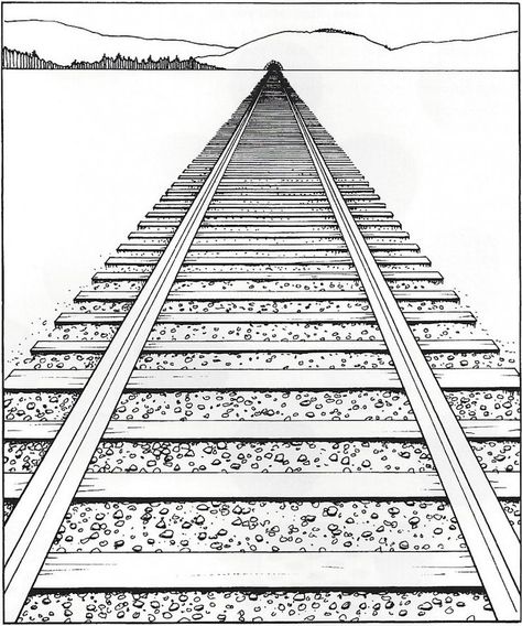 linear perspective- Lines and vanishing points used to depict the diminishing sizes and recession of objects as they seem to move further away in the picture plane. Illusionary Space, Train Tracks Drawing, Linear Perspective Drawing, Perspective Lines, Elements Of Art Space, Linear Perspective, Perspective Drawing Architecture, Perspective Drawing Lessons, One Point Perspective
