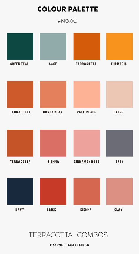 Terracotta House Exterior Color Palettes, Terracotta Palette Colour Schemes, Green Terracotta Color Palettes, Warna Terakota, Green And Terracotta Color Scheme, Terracotta Bedroom, Terracotta Walls, Bauhaus Colors, Terracotta Color Palette