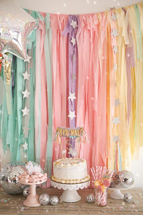 // r a i n b o w Rainbow Confetti Birthday Party, Plastic Streamer Backdrop, Disco Balls Birthday Party, Pastel Colored Party, Cake Party Decorations, 4th Birthday Party Unicorn Theme, Fairy Disco Party, Unicorn Birthday Party Table Decor, Pastel Rainbow Party Theme