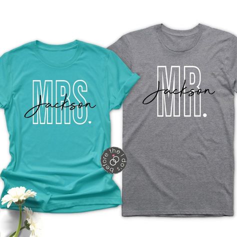 ----------> DESCRIPTION <---------- Show off your Mr. and Mrs. status! Classic in style with a relaxed fit, these tees are perfect for your honeymoon and every day after. ----------> DETAILS + SIZING <---------- SIZING: See size chart under additional product images. Compare your measurements in inches to the size chart to determine your sizing. If you prefer a more relaxed or looser fitting apparel item, you may wish to order a size up based on your discretion. CARE INSTRUCTIONS: Machine wash c His And Her Shirts, Married Couple Shirts, Just Married Shirts, Married Shirt, Mrs Shirt, Honeymoon Shirts, Honeymoon Outfits, Wedding Shirts, Tee Set