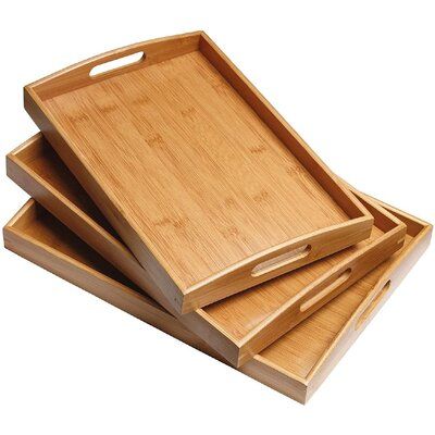 SET OF 3 TRAYS: One large, medium, small serving trays to assist with all your serving needs. Stackable, compact and easy storage when not in use. (L:16.5"*12"*1.2/M:15.5"*11"*1.2"/S:15"*10"*1.2") | Foundry Select Serving Tray Set, Bamboo Serving Tray Set w/ Handles - Set Of 3, Large, Medium, & Small Tray in Brown, Size 12.0 W in | Wayfair Food Tray Ideas, Round Wood Tray, Rose Gold Kitchen, Wood Trays, Wooden Main Door, Serving Tray Set, Wooden Main Door Design, Wood Serving Tray, Kitchen Organisation