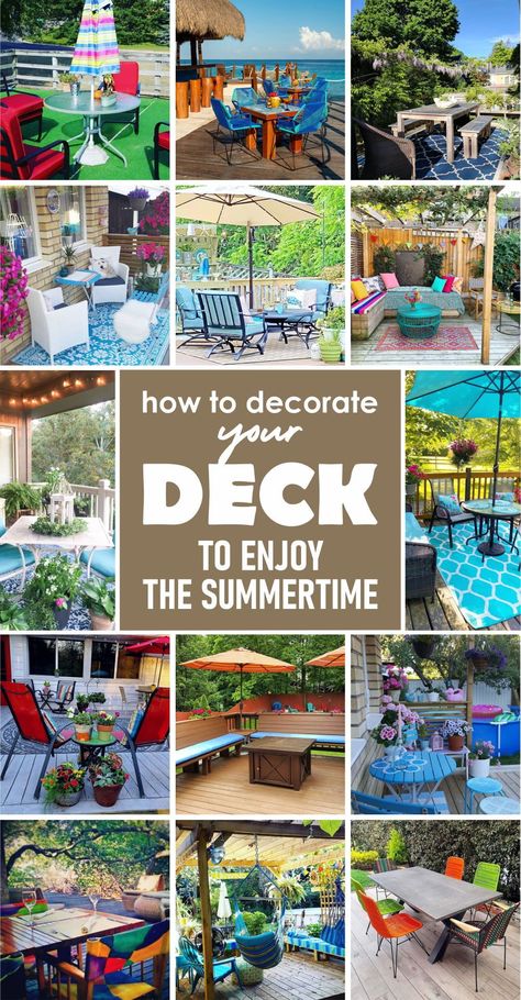 While you’re working on your house, consider how you can decorate your deck for the summer. There is nothing more pleasant than enjoying the summer breeze in your deck. Creating a cozy space for lounging is an easy way to enjoy your deck during the summer. #summerdeckrdecorideas #deckdecorideas #outdoorsummerdecorideas #summerdecorideas #outdoordecor Deck Decorations Ideas, Odd Shaped Deck Ideas, Deck Decorations Outdoor, Decorated Decks Ideas, Decorating A Deck Ideas, Decorating Pool Deck, Diy Deck Decor Ideas On A Budget, Deck Off Back Of House Decor, Deck Decorating With Plants