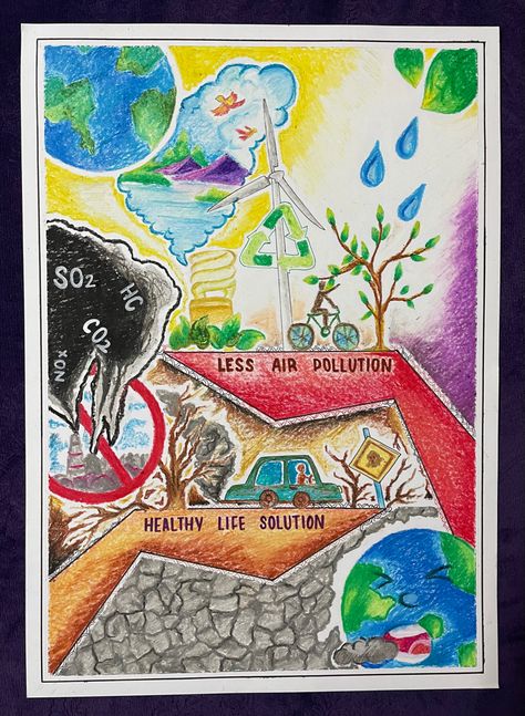 Earth Pollution Poster, Poster On Environmental Pollution, Water And Air Pollution Drawing, Healthy Earth Drawing, Pollution Ways To Tackle It Poster, Air Pollution Drawing Competition, Poster On Pollution Drawing, Painting On Pollution, Drawing On Pollution