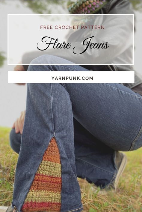 Upcycling, Diy Bell Bottom Jeans, Crochet Bell Bottoms, Diy Flare Jeans, Diy Bell Bottoms, Beginner Knit, Jeans Tutorial, Punk Jeans, Crochet Bell