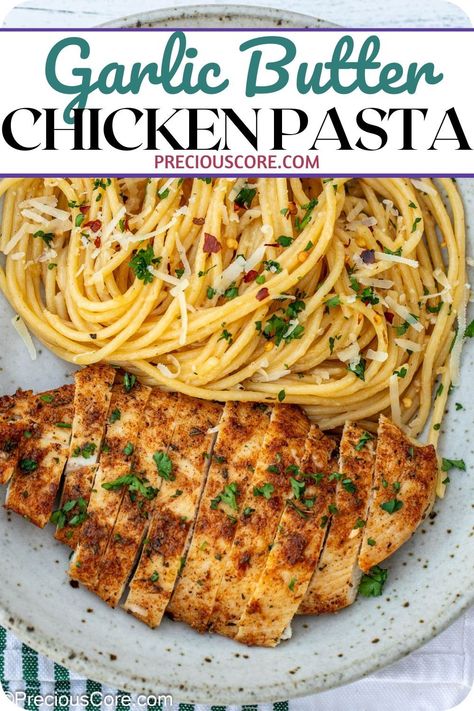 Garlic Butter Chicken Pasta is an easy dish that involves pasta tossed in an insanely good garlic butter sauce served with seared juicy chicken breasts. This recipe only takes 20 minutes to make and it’s perfect for weeknights or special occasions like date nights or Mother’s Day. Essen, Garlic Butter Chicken Pasta, Chicken Breast Pasta Recipes, Butter Chicken Pasta, Easy Chicken Breast Dinner, Chicken Pasta Sauce, Buttered Noodles Recipe, Chicken Breast Pasta, Garlic Pasta Recipe