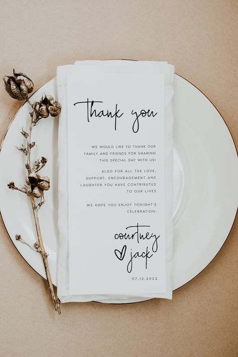 Modern Wedding Table Thank You Card Template Minimal - Etsy UK Buenaventura, Thank You Table Decorations, Wedding Gift Thank You, Thank You Cards Engagement, Table Card Wedding, Name Cards Wedding Table, Modern Wedding Reception Decor, Thank You Wedding Cards, Thank You Card Wedding