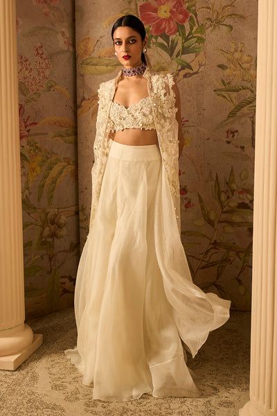 Couture, Palazzo Blouse Outfit, Edgy Indian Outfits, Festive Outfit Ideas Indian, Jacket Sharara Suit, Blouse And Sharara Set, White Indowestern Outfits For Women, Ivory Indian Outfits, Organza Jacket Outfit Indian