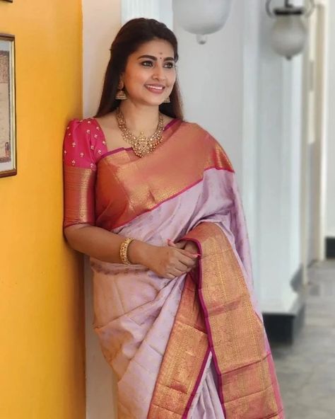 Wide Neck Blouse Designs, Pattu Saree Blouse Designs Latest, Pelli Blouse, Indian Dulhan, Saree Blouse Models, Sneha Saree, Saree Simple, Brocade Blouse Designs, Pink Blouse Designs